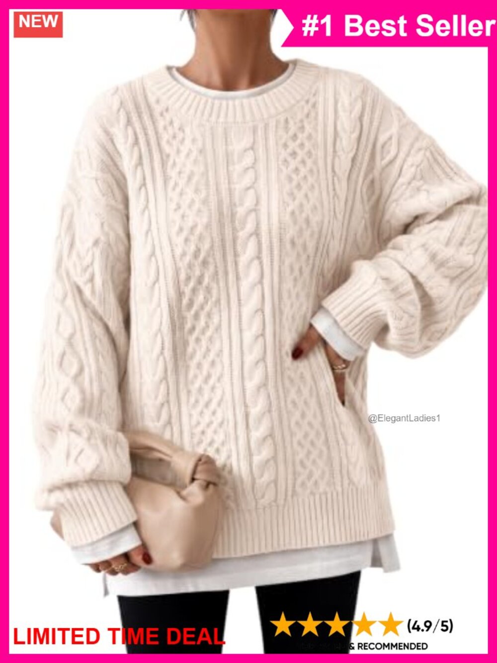 Oversized Cable Knit Chunky Pullover Sweater Cotton Blend Crew Neck